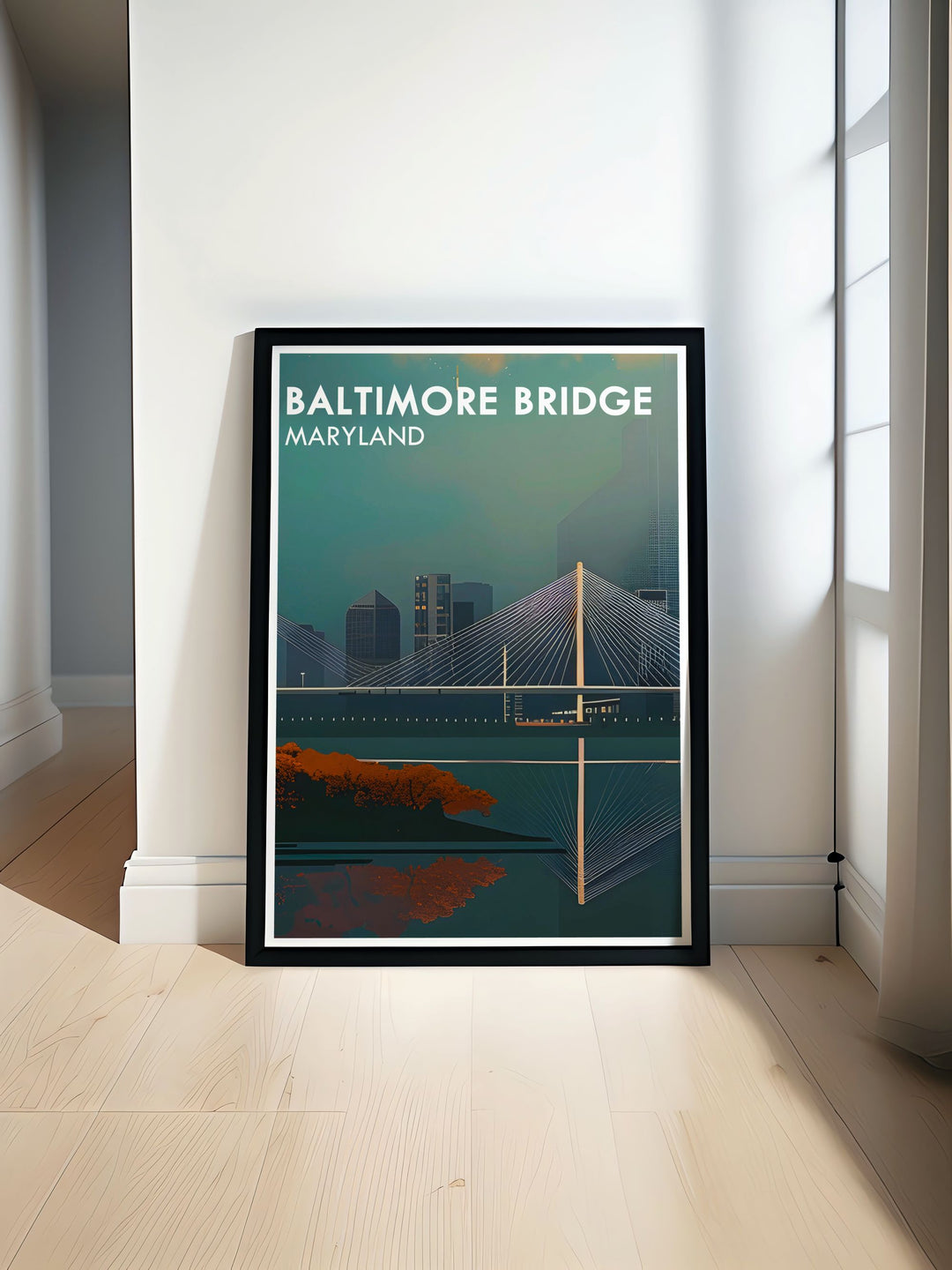 Detailed illustration of the new Key Bridge design in Baltimore. The bridge spans across the water with the city skyline in the background. Perfect for home decor and gifts for friends who love Maryland artwork and Baltimore wall art.