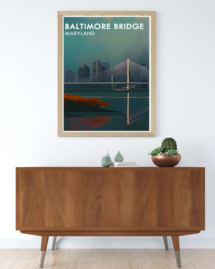 Captivating art print of the new Key Bridge design in Baltimore. The detailed illustration is perfect for Maryland artwork collections and home decor. A great choice for housewarming gifts and fans of Baltimore wall art.