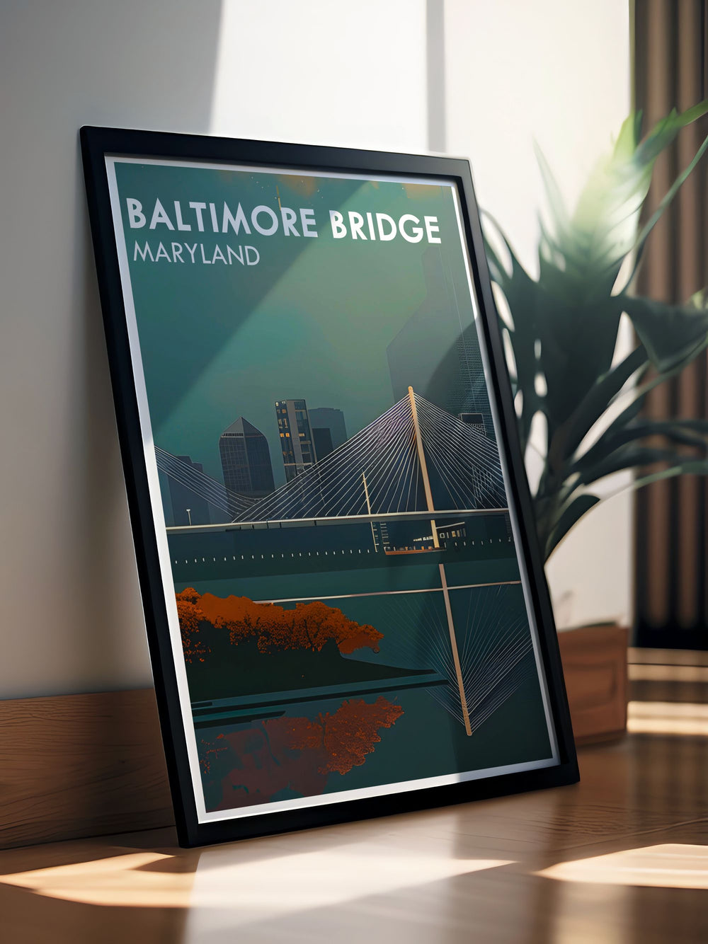 Vibrant Maryland art print showcasing the new Baltimore bridge design. The Key Bridge is highlighted against a stunning sunset, adding elegance to any room. Ideal for housewarming gifts and Baltimore wall art enthusiasts.