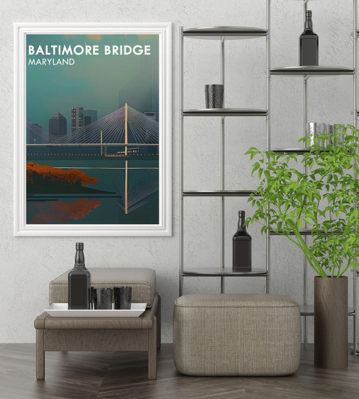 Exquisite Maryland print of the new Key Bridge design in Baltimore. The detailed illustration brings the iconic bridge to life, creating a focal point for any space. A perfect gift for friends and fans of Baltimore wall art.