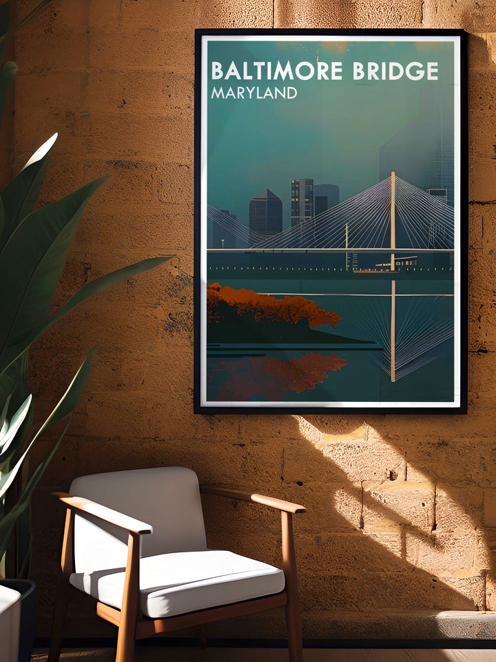 Maryland art print featuring the new Baltimore bridge design. The Key Bridge is depicted in stunning detail, making it a perfect addition to any home decor. Great for gifts and Baltimore wall art collections.