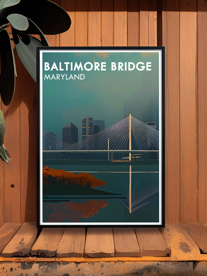 Elegant Baltimore wall art showcasing the new Key Bridge design. The detailed artwork captures the essence of the bridge and the city, making it a unique piece for Maryland artwork enthusiasts and perfect for housewarming gifts.