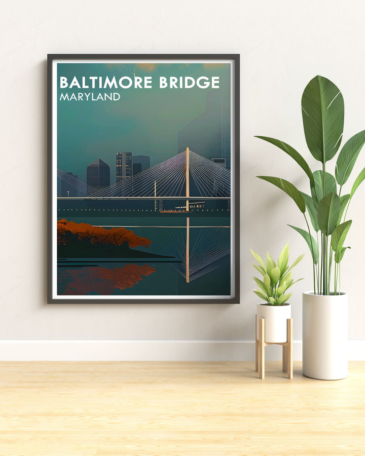 Unique Maryland print of the new Baltimore bridge design. The Key Bridge is highlighted in this stunning art piece, perfect for enhancing home decor. Ideal for gifts for friends and fans of Baltimore wall art.