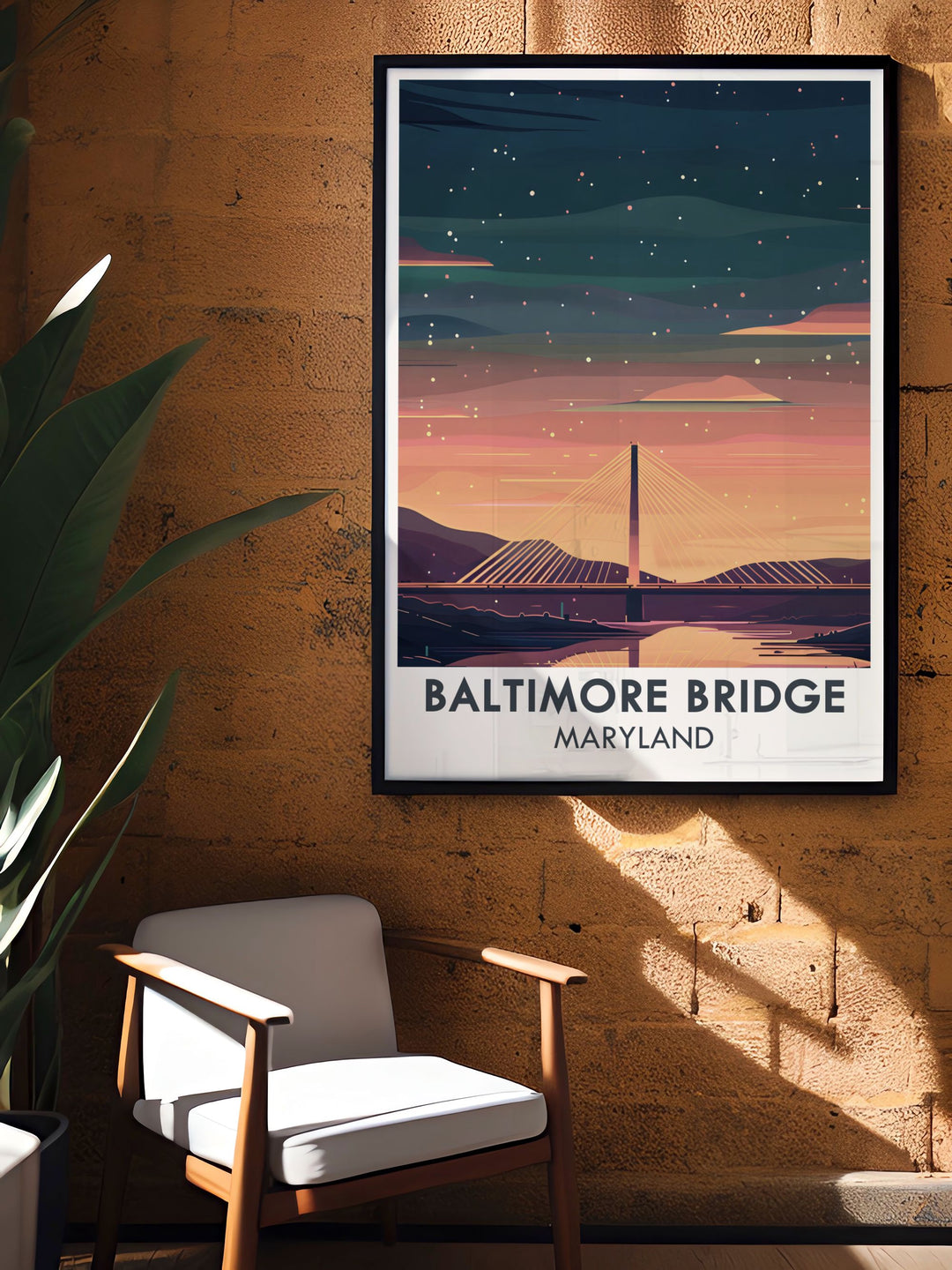 Baltimore Key Bridge design poster capturing the future vision of the new proposed bridge. Perfect for Maryland artwork and Baltimore wall art collections. An ideal addition to any space, showcasing Maryland's evolving skyline