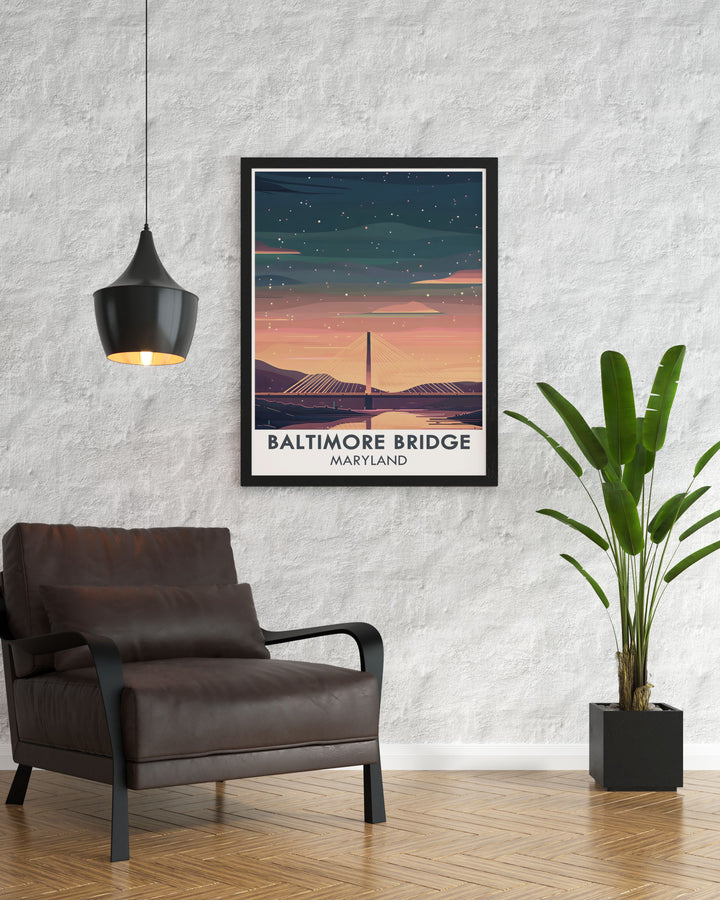 Maryland artwork featuring the new proposed design of the Francis Scott Key Bridge. This detailed and vibrant Baltimore bridge poster is perfect for Maryland travel posters and makes a unique housewarming gift for those who love Baltimore.