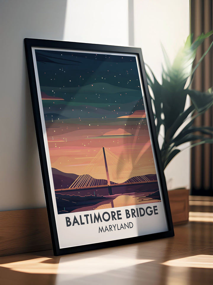 A vibrant and detailed New Francis Scott Key Bridge design poster showcasing the future of Baltimore's iconic skyline. Perfect for Maryland artwork and Baltimore wall art enthusiasts. Ideal as a housewarming gift or for enhancing any home decor with Maryland's charm.