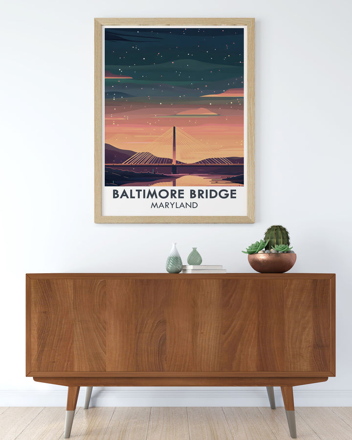 Maryland artwork depicting the future New Baltimore Key Bridge. A detailed and colorful design perfect for Baltimore gifts, enhancing any space with the charm of Maryland's evolving skyline. Ideal as a unique housewarming gift or addition to Maryland-themed decor.