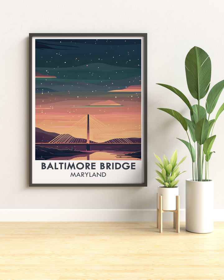 Baltimore Key Bridge design poster capturing the vision of the new proposed bridge. This vibrant Maryland travel poster is perfect for lovers of Baltimore wall art and makes a thoughtful gift for those who cherish Maryland's heritage and future.
