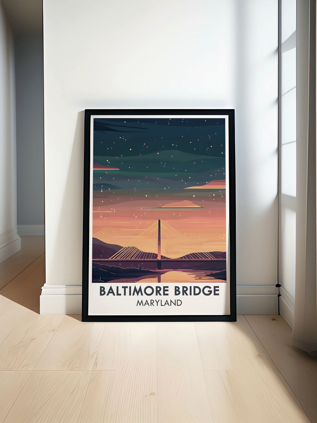 New Proposed Baltimore Bridge Design Poster featuring the replacement for the historic Francis Scott Key Bridge. This exclusive Maryland print captures the essence of Baltimore and is an ideal addition to any Maryland travel poster collection.