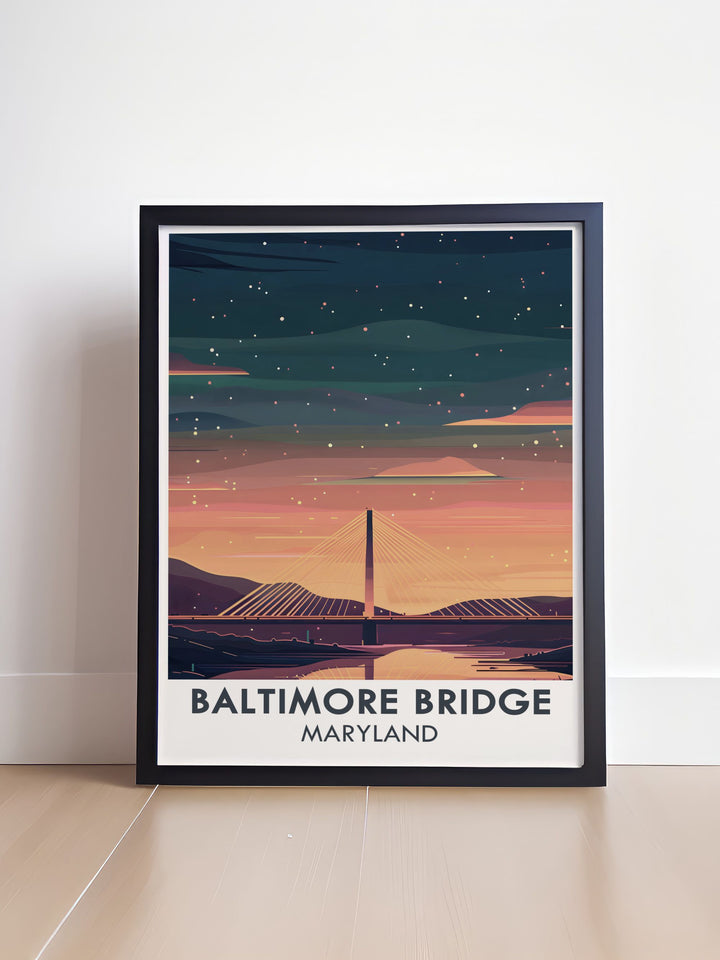 Exclusive design poster of the New Proposed Baltimore Bridge, replacing the historic Francis Scott Key Bridge. A vibrant and detailed artwork perfect for Maryland travel posters and Baltimore gifts. Ideal for decorating any space with Maryland's charm.