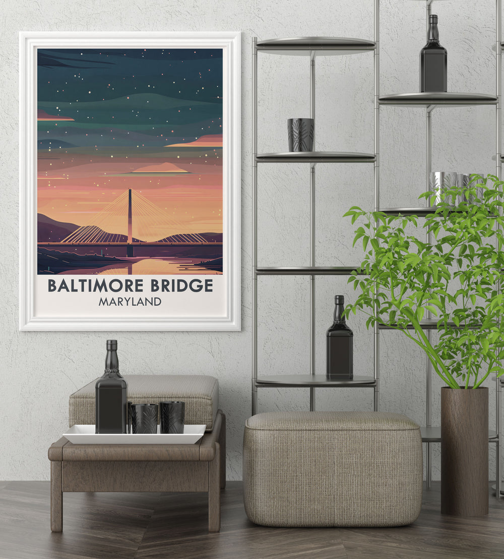 New Baltimore Key Bridge design poster showcasing the future of Baltimore's skyline. A vibrant and detailed Maryland print, perfect for enhancing home or office decor. Ideal as a housewarming gift or a thoughtful present for Baltimore enthusiasts.