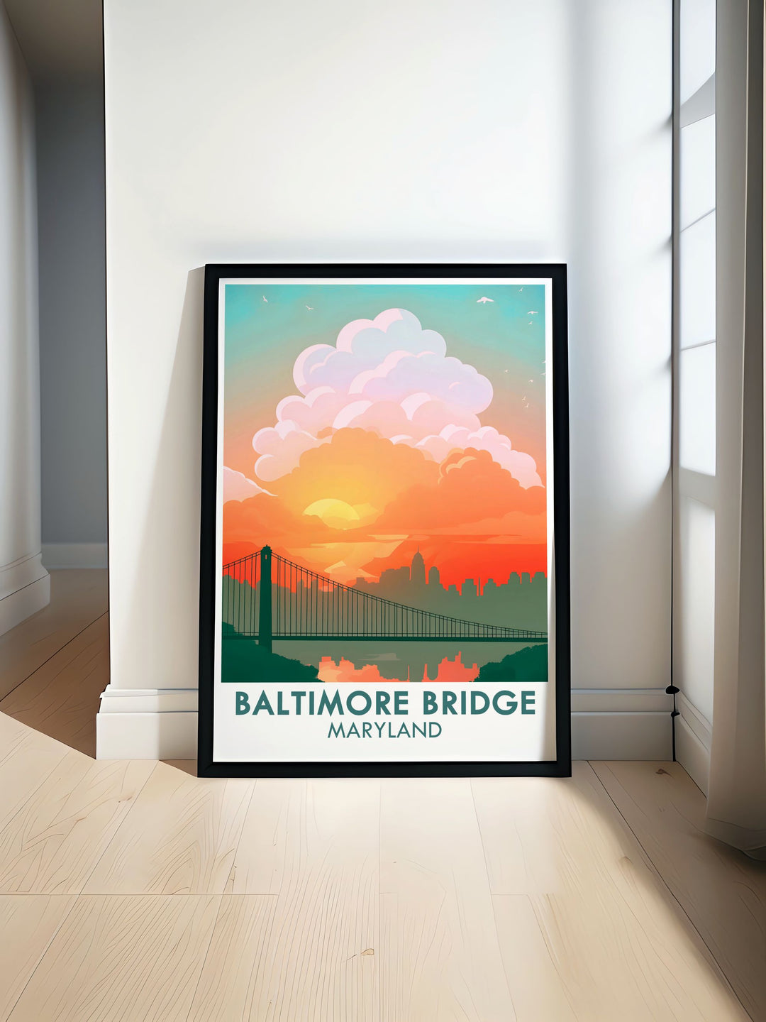 Stunning Maryland art print showcasing the new Key Bridge design in Baltimore. The vibrant cityscape and bridge details make this a perfect addition to home decor. Ideal for housewarming gifts and fans of Baltimore wall art and Maryland artwork.