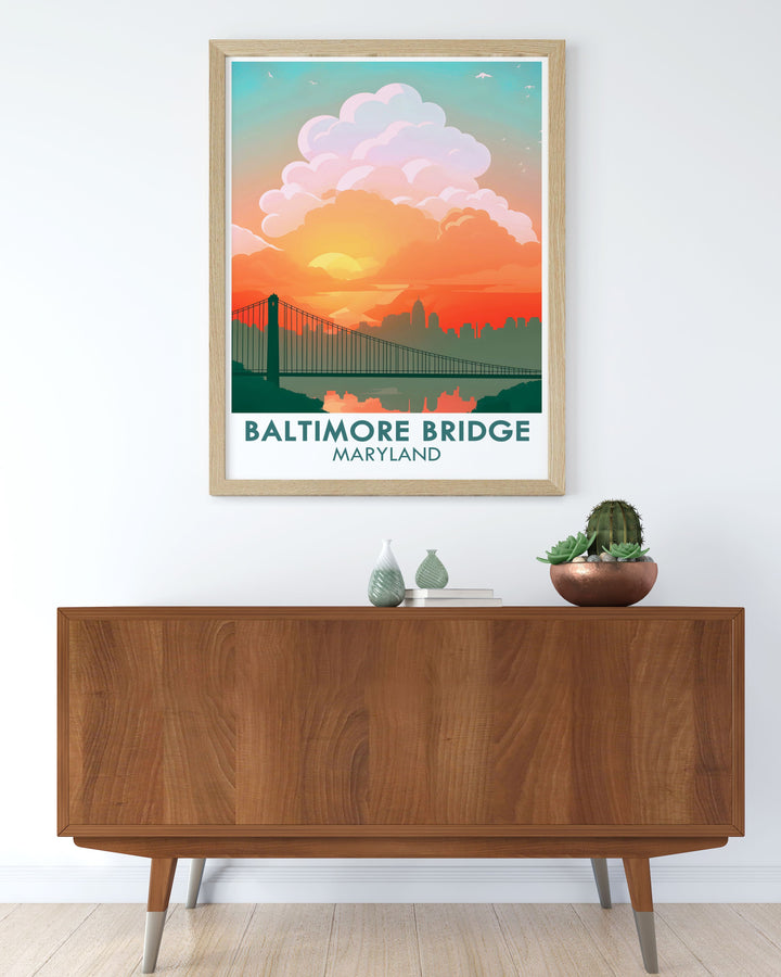 Stunning Baltimore wall art with the new Key Bridge design. The detailed illustration is perfect for home decor and adds a touch of elegance to any room. Great for Maryland artwork enthusiasts and housewarming gifts.