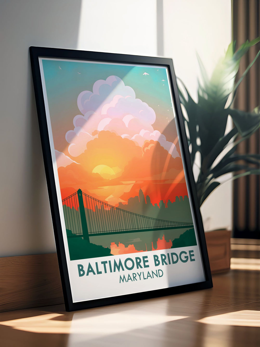 Beautiful Maryland print depicting the new Key Bridge design in Baltimore. The artwork captures the essence of the bridge and city, making it a unique addition to any home decor. Ideal for housewarming gifts and Baltimore art collections.