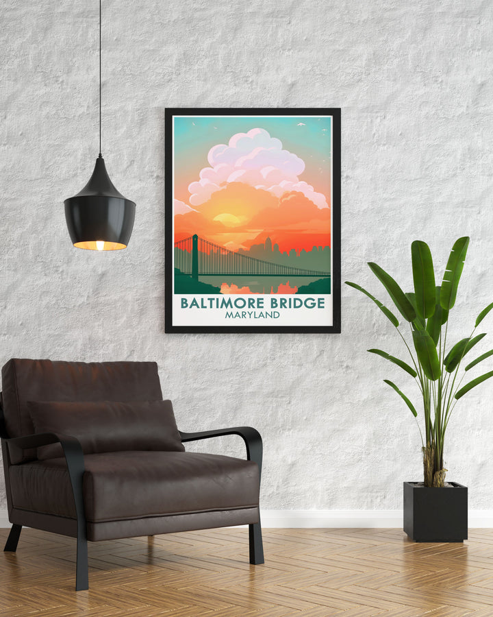 Exquisite Baltimore wall art with the new Key Bridge design. The vibrant colors and intricate details make this a standout piece for any room. Perfect for Maryland artwork enthusiasts and housewarming gifts.