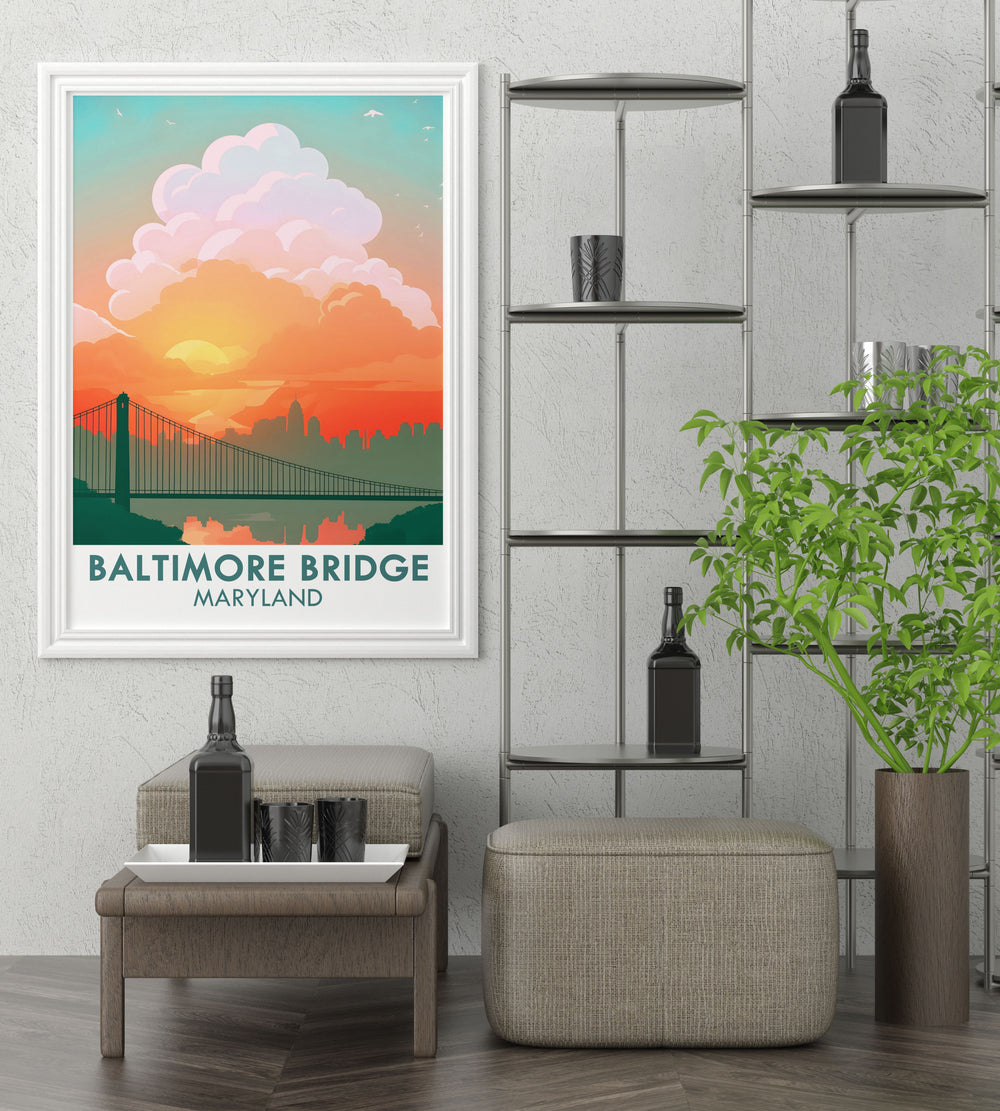 Detailed Baltimore art print featuring the new Key Bridge design. This piece highlights the bridge's elegance against the city skyline, perfect for enhancing home decor. Great for gifts and fans of Baltimore wall art and Maryland artwork.