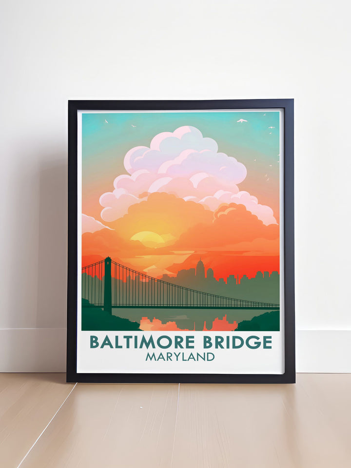 Captivating Maryland art print of the new Key Bridge design in Baltimore. The detailed illustration brings the bridge and city to life, making it an excellent addition to home decor. Ideal for gifts and fans of Baltimore wall art.