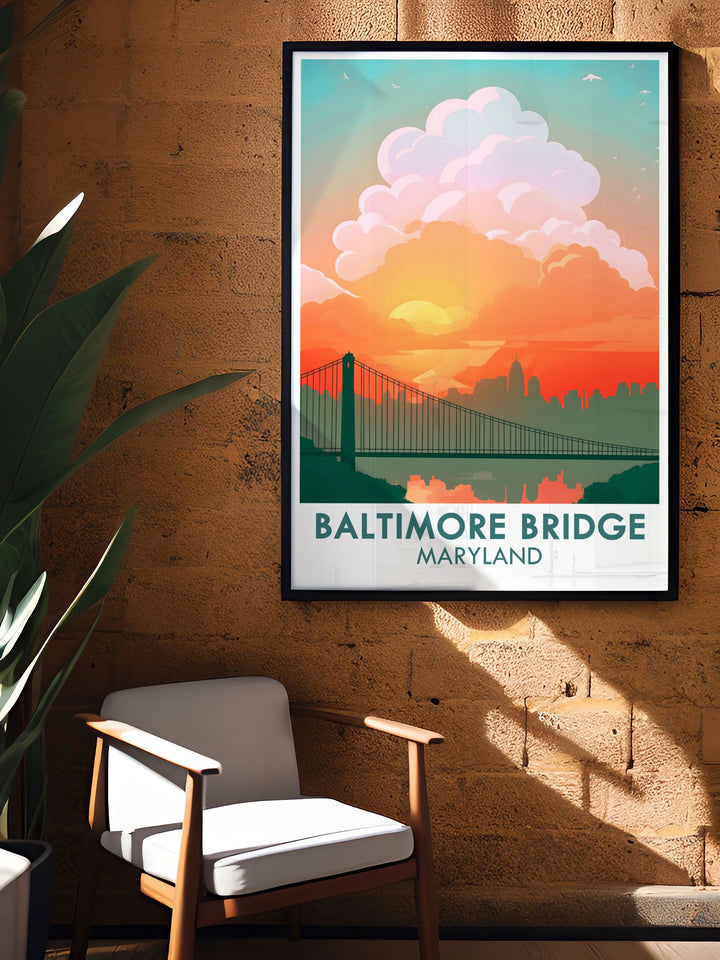 Elegant art print showcasing Baltimore's new Key Bridge design. The detailed depiction of the bridge and cityscape adds sophistication to any room. Perfect for Maryland artwork lovers and unique housewarming gifts.