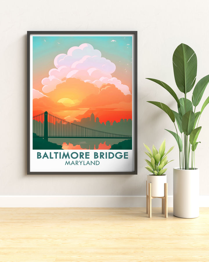 Maryland print capturing the new design of Baltimore's Key Bridge. The artwork's intricate details and vibrant colors enhance any space. Ideal for home decor and as thoughtful gifts for friends and family.
