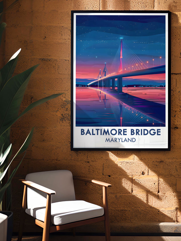 New Baltimore Key Bridge poster showcasing the future replacement of the historic Francis Scott Key Bridge. This detailed Maryland print is perfect for Baltimore wall art and Maryland travel posters, celebrating the city's evolution.