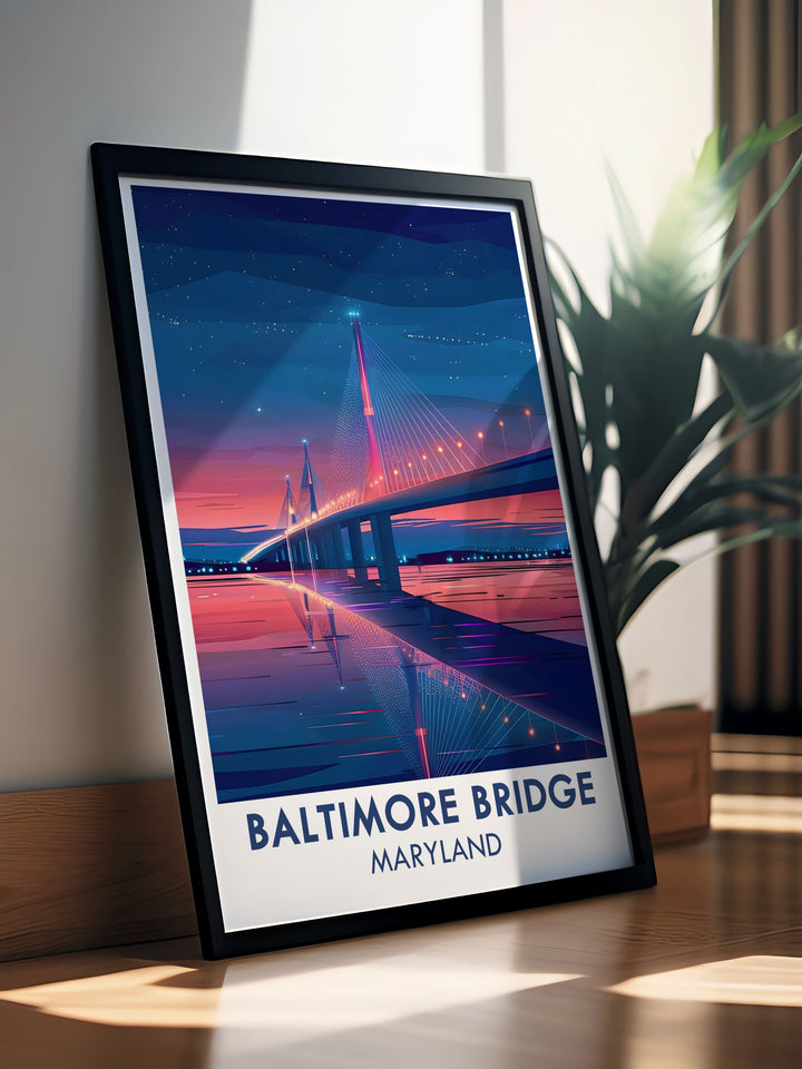Vibrant and detailed design of the New Francis Scott Key Bridge poster, part of our exclusive collection. This Baltimore artwork is ideal for Maryland travel posters and Baltimore gifts. Enhance your home decor with this beautiful Maryland print.