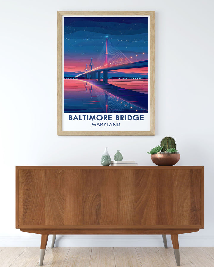New Baltimore Key Bridge design poster capturing the future vision of Baltimore's skyline. This exclusive Maryland print is perfect for housewarming gifts and Baltimore wall art, celebrating the city's progress and historical significance.