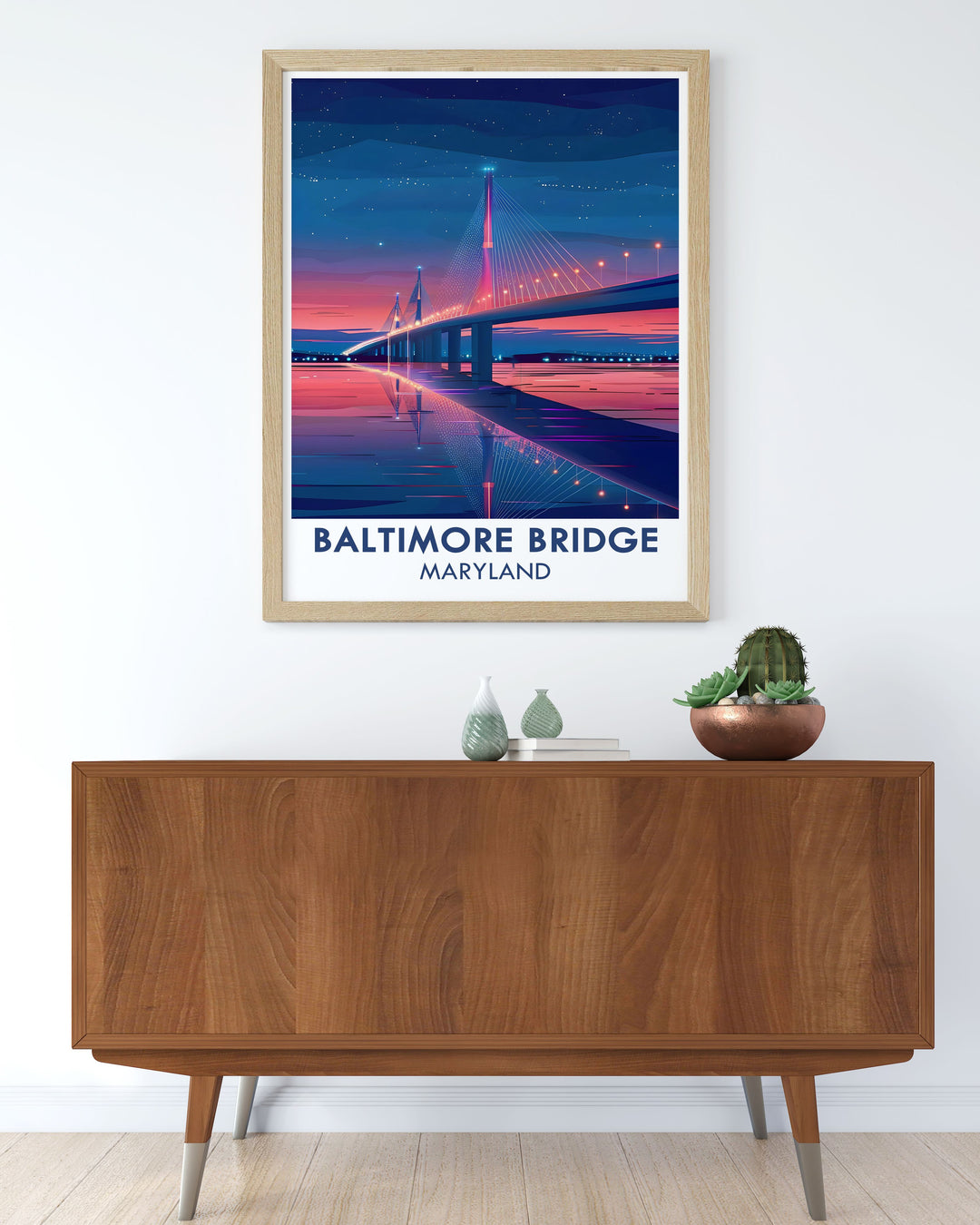 Stunning art print of the new Key Bridge design in Baltimore. The detailed illustration captures the bridge and cityscape, making it a perfect piece for home decor and Maryland artwork collections.