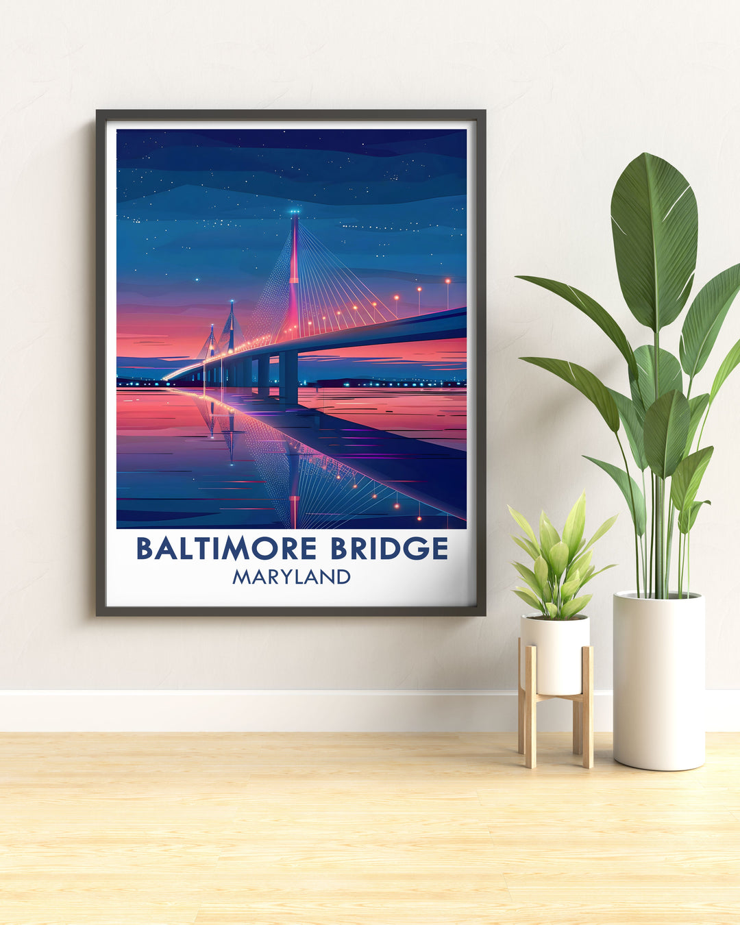 Elegant Baltimore wall art featuring the new Key Bridge design. The artwork's detailed depiction adds a touch of sophistication to any space. Ideal for housewarming gifts and Maryland art enthusiasts.