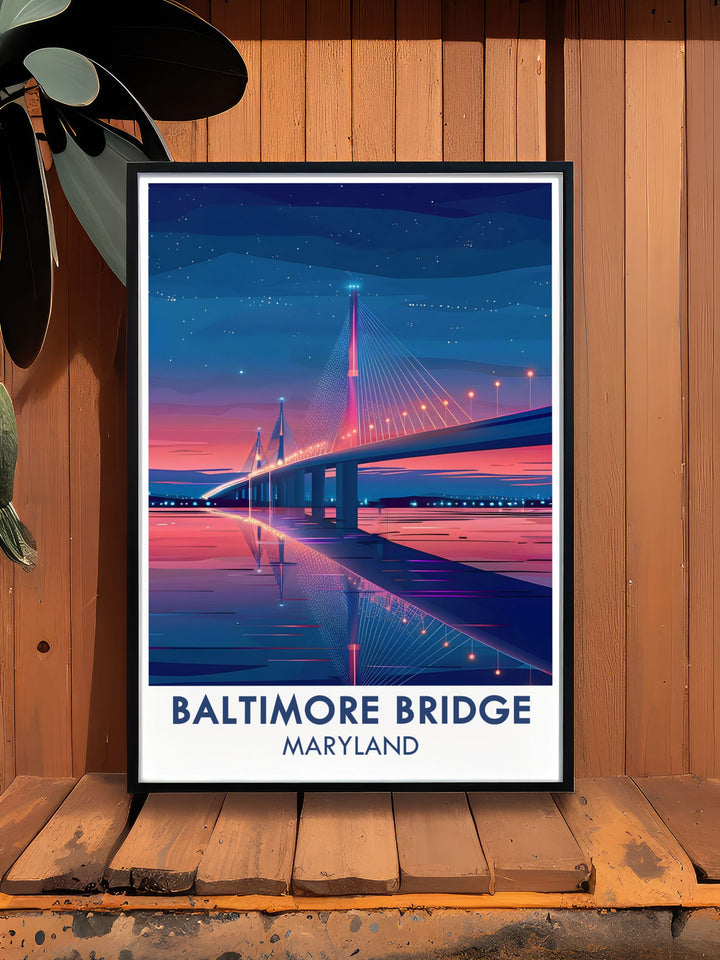 Unique Maryland art print of the new Baltimore bridge design. The Key Bridge is highlighted against a vibrant cityscape, making it a perfect addition to home decor and as a gift for friends and family.
