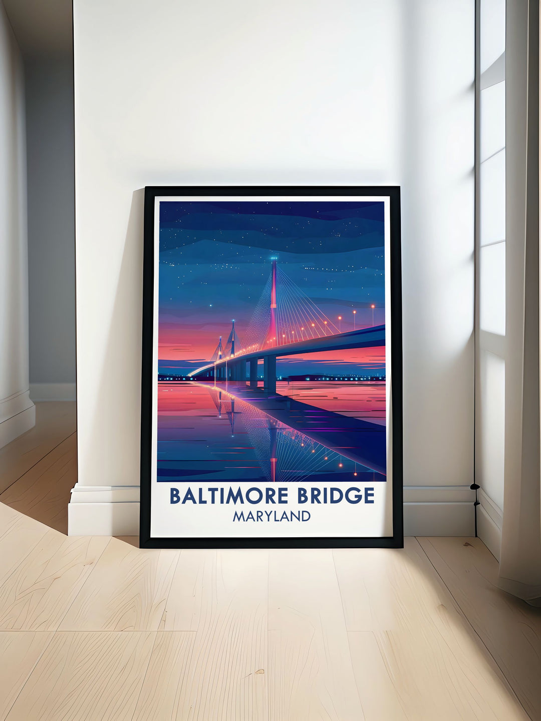 Exclusive New Baltimore Key Bridge design poster depicting the future of the Francis Scott Key Bridge. Perfect for Maryland travel posters and Baltimore gifts. This vibrant Maryland print captures the evolving skyline of Baltimore and is ideal for home or office decor.