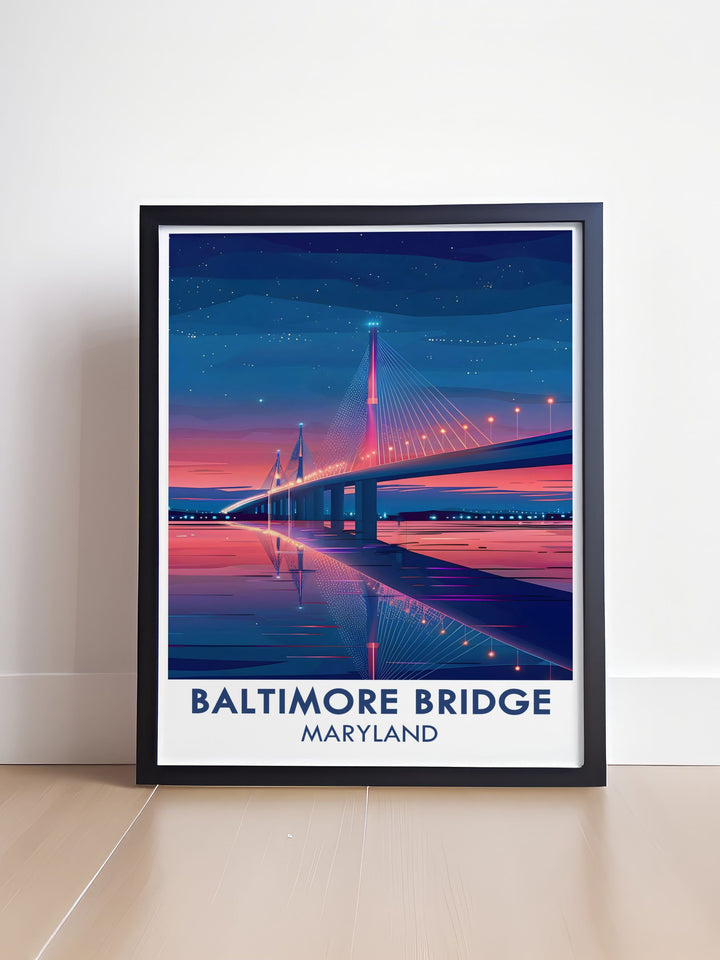Exquisite Baltimore art print showcasing the new Key Bridge design. The artwork captures the bridge's elegance and the city's vibrancy, making it ideal for Maryland artwork lovers and housewarming gifts.