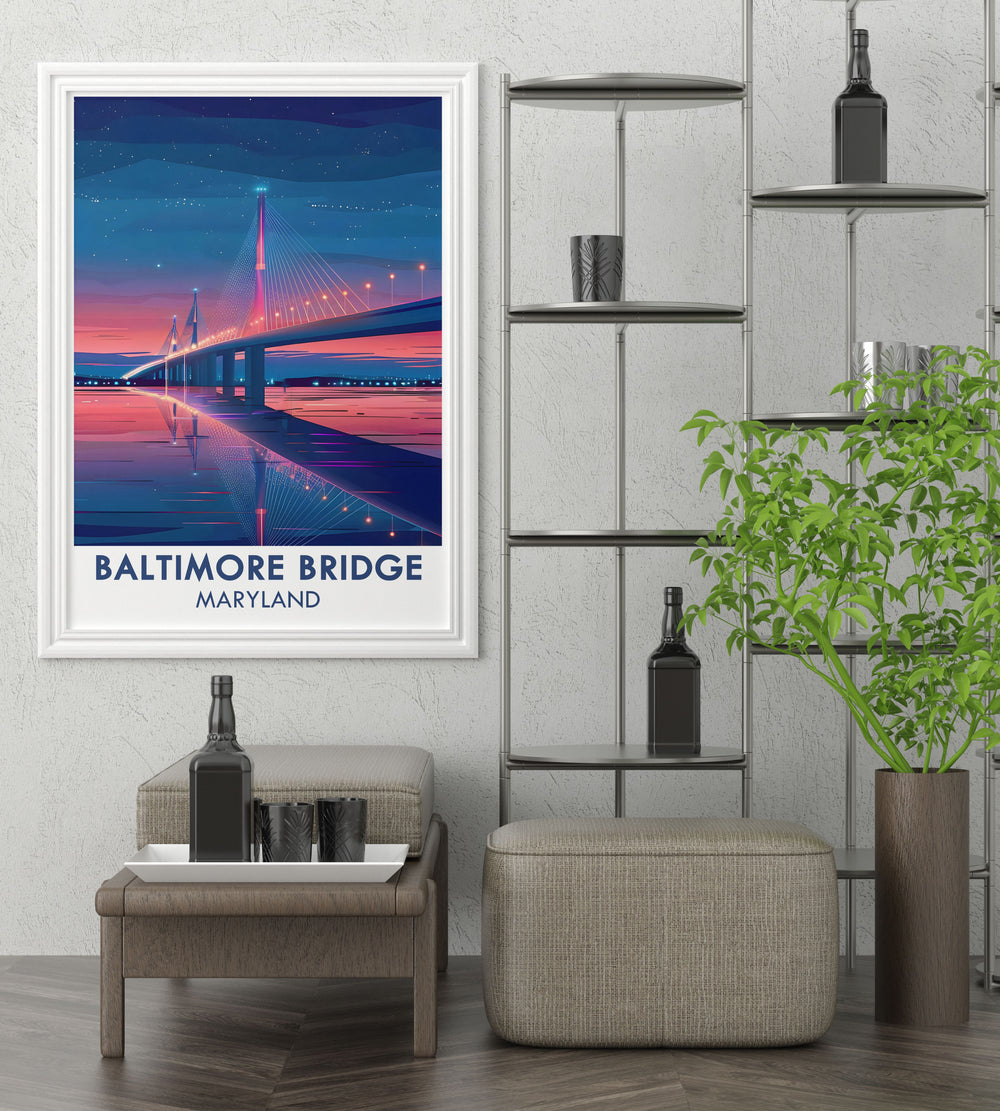 Captivating Baltimore art print featuring the new Key Bridge design. This piece highlights the bridge's modern architecture and the city's charm, ideal for enhancing home decor and as thoughtful gifts.