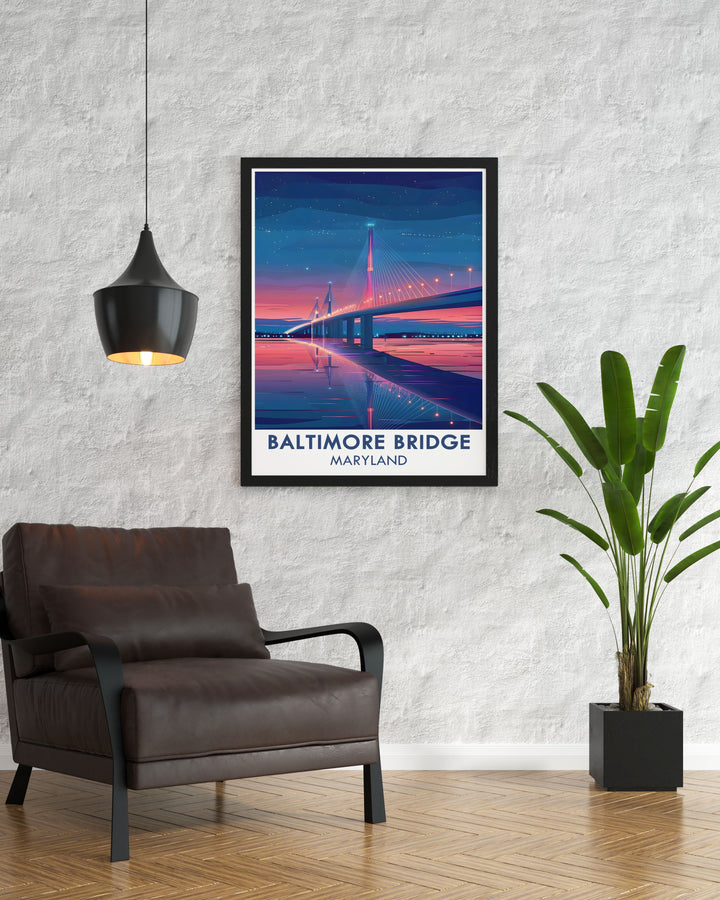 Maryland print featuring the new Key Bridge design in Baltimore. The detailed artwork brings the bridge and city to life, making it a perfect addition to home decor and a thoughtful gift.