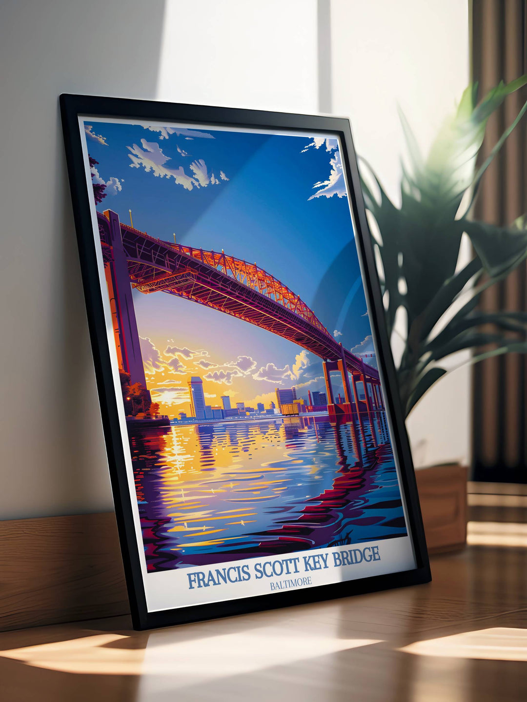 Maryland travel poster featuring a bustling scene at the Francis Scott Key Bridge, capturing the daily life and energy of the area.