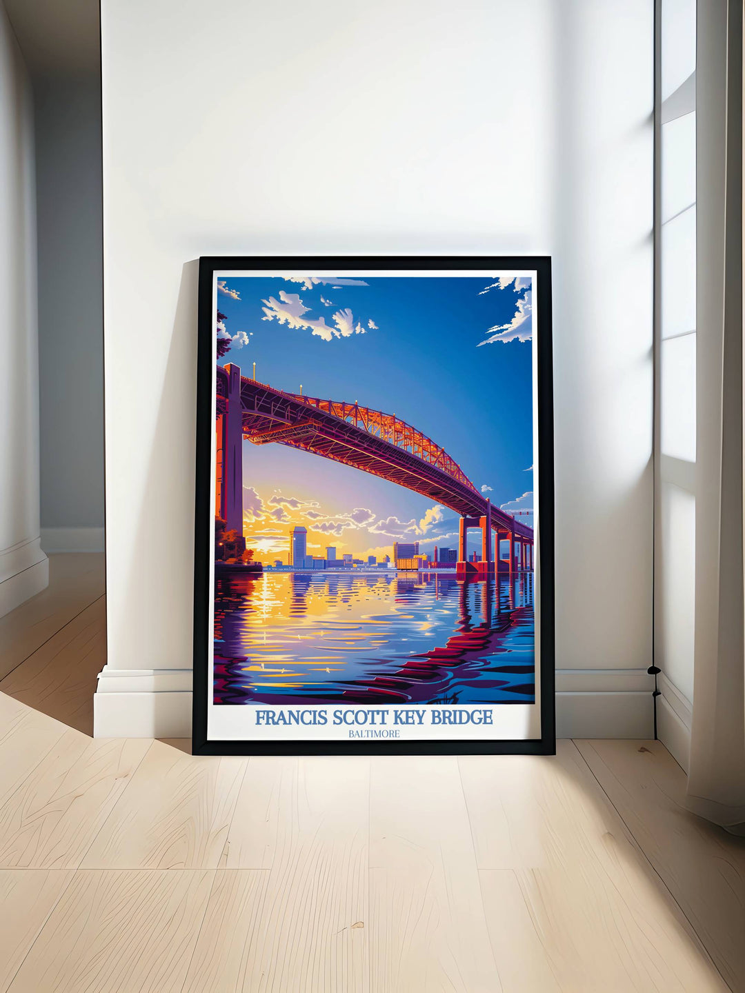 Digital art print of the Francis Scott Key Bridge at sunset with vivid orange skies, perfect for Maryland travel enthusiasts looking for a vibrant wall decor.