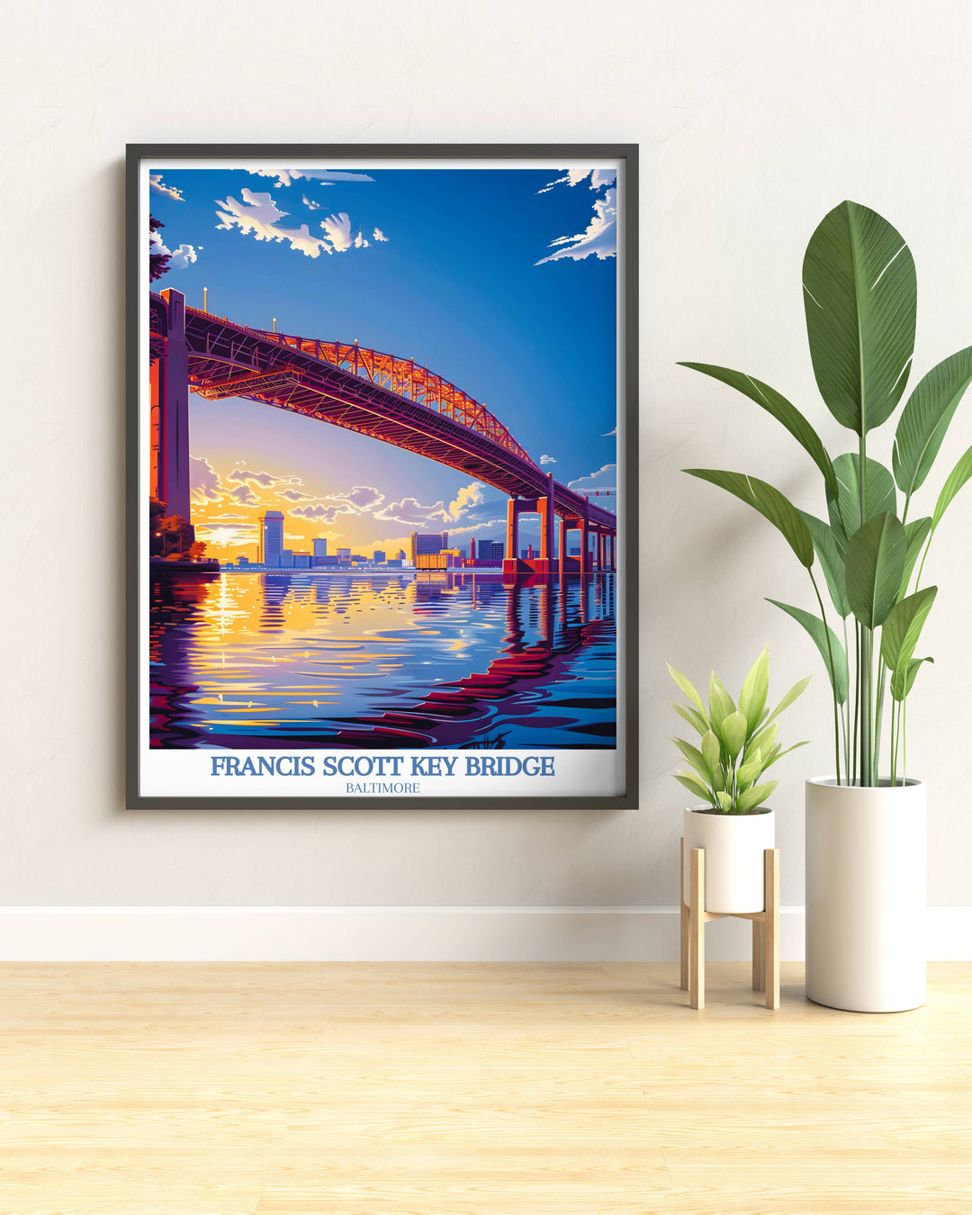 Panoramic digital download showcasing the Baltimore Bridge lit up at night, reflecting on the water, a stunning addition to any Maryland art collection.