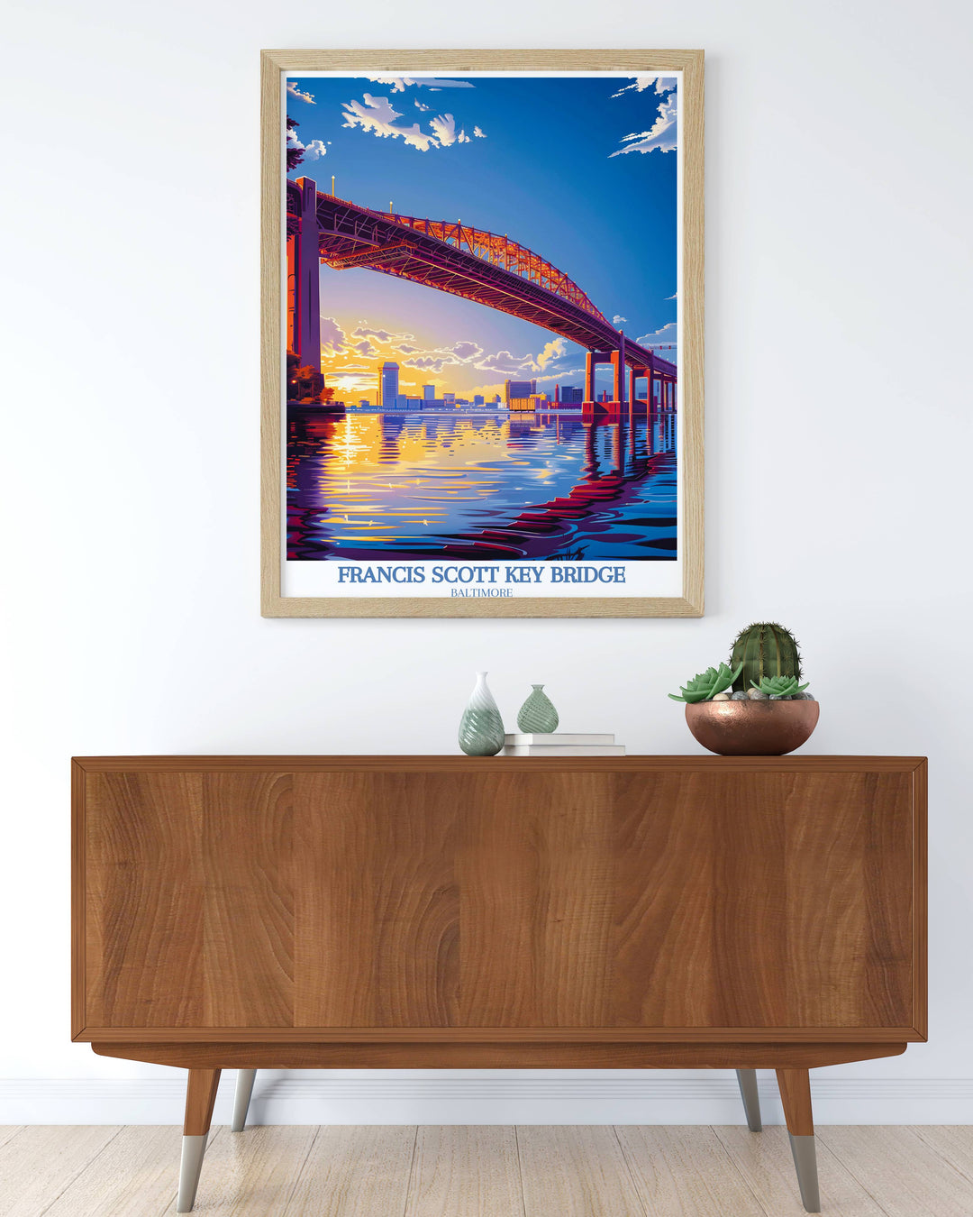 Artistic rendering of the Francis Scott Key Bridge in a Maryland print, depicted in bold strokes and dramatic lighting, perfect for a travel gift.