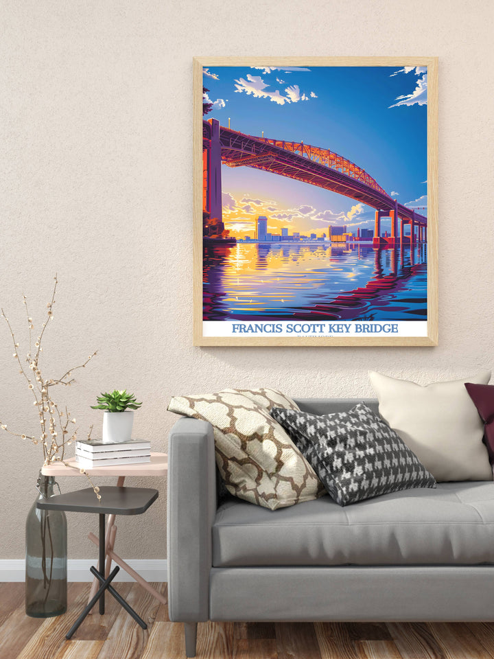 Maryland Art Work travel poster of the Baltimore Bridge during a colorful autumn, highlighting the changing leaves and seasonal beauty.