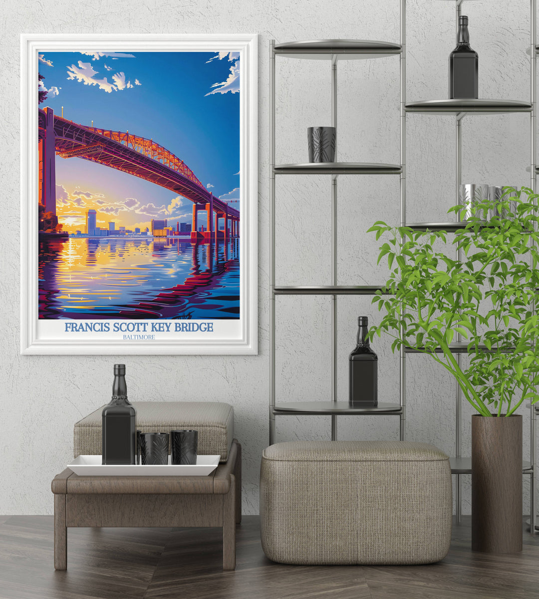 Black and white Maryland Art Print of the Francis Scott Key Bridge, offering a classic look for those decorating with a monochrome theme.