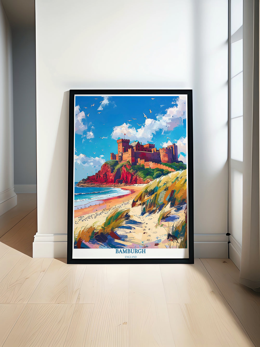 Gift art lovers the essence of England with this exquisite Bamburgh Castle print, a tribute to the countrys architectural marvels.