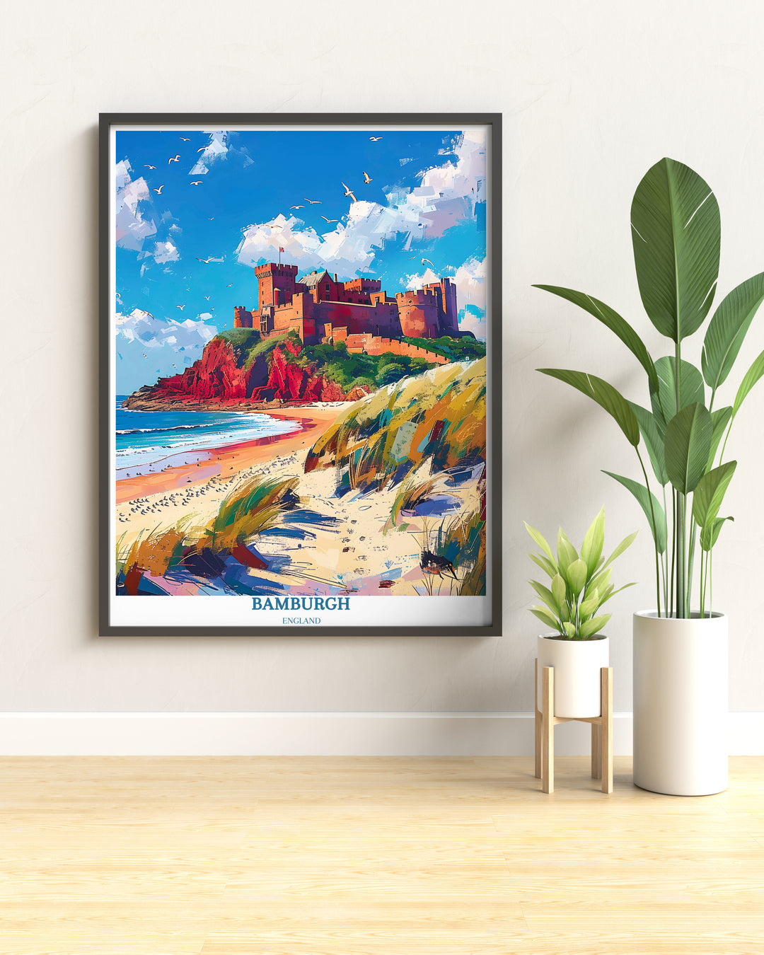 Explore the historical charm of England through the intricate details of Bamburgh Castle showcased in this captivating wall art.