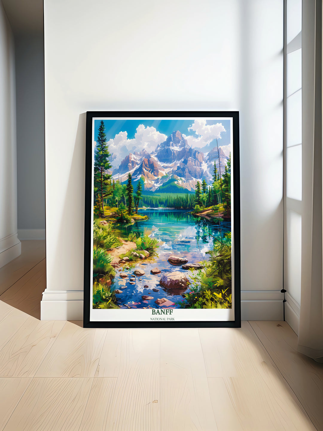 Transport yourself to the wilderness of Banff National Park with this captivating travel print, perfect for adding a touch of Canadas natural beauty to your walls.