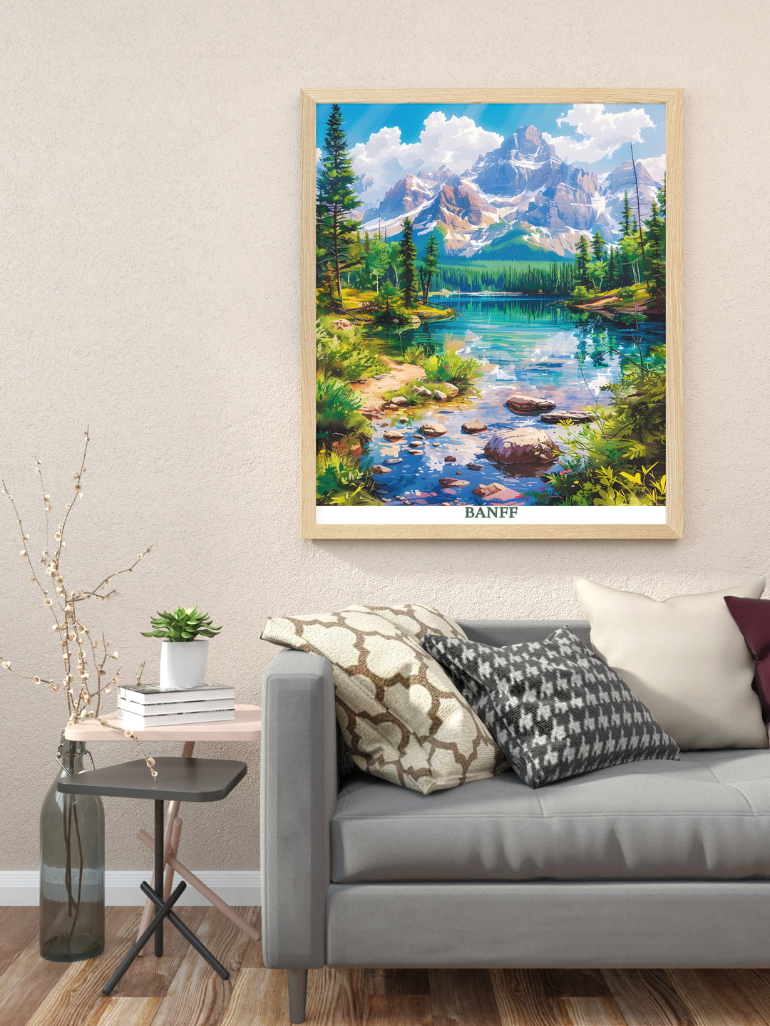 Beautiful Banff Wall Art highlighting the vibrant colors and stunning landscapes of Banff National Park. This art print is an ideal housewarming gift for adventure seekers and nature lovers, adding a touch of natural elegance to any living space.