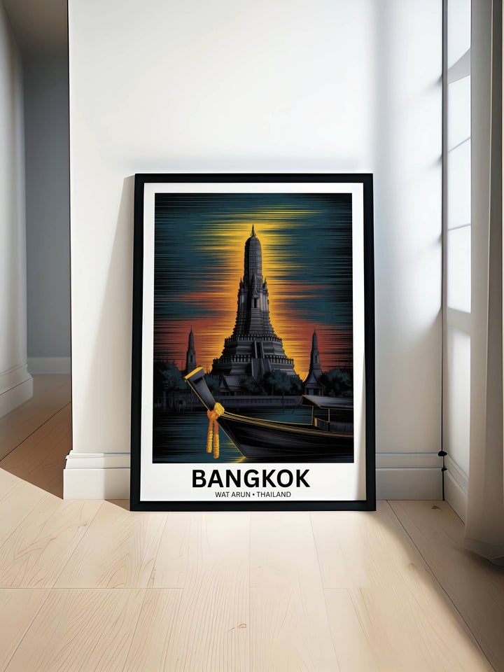 A vertical wall art poster of Wat Arun at sunset, highlighting the dramatic high-contrast "halo" lighting effect behind the temple&