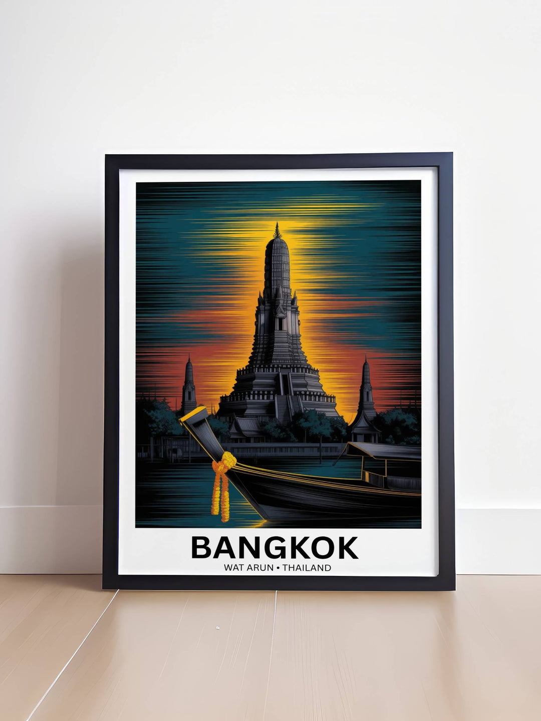 A professionally framed fine art print of the Temple of Dawn, highlighting the vibrant yellow marigold garland on a traditional Thai longtail boat.
