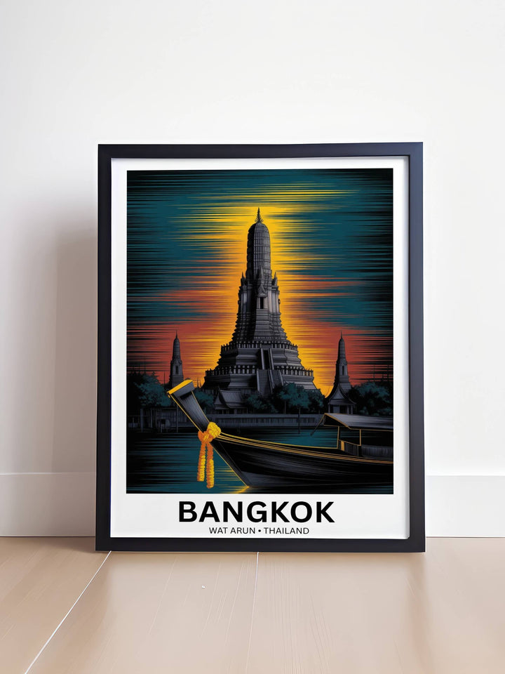 A professionally framed fine art print of the Temple of Dawn, highlighting the vibrant yellow marigold garland on a traditional Thai longtail boat.