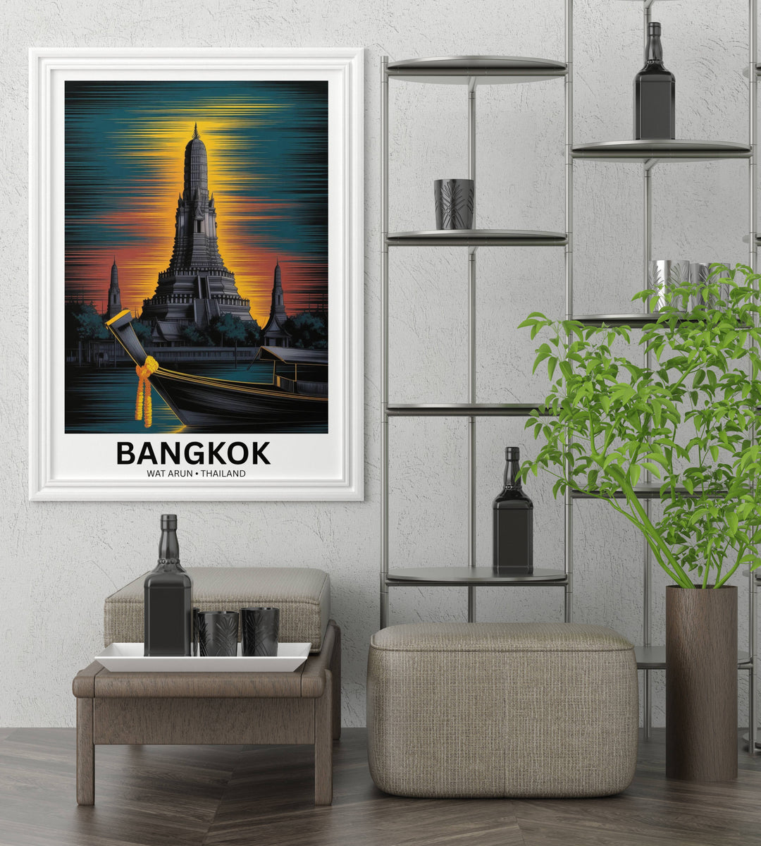 A framed travel poster by MapYourDreams, displayed on a clean gallery wall to show the cinematic gold and indigo sunset colors.