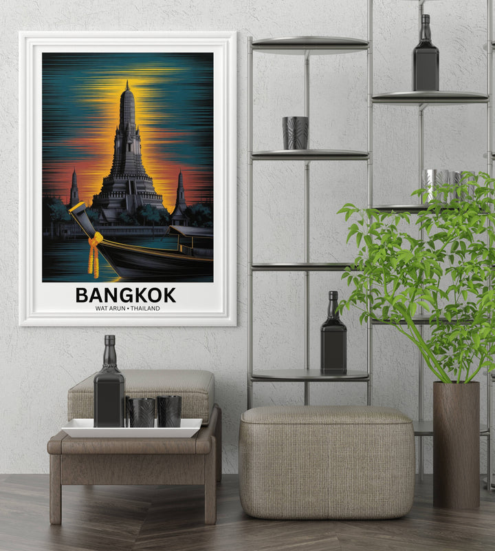 A framed travel poster by MapYourDreams, displayed on a clean gallery wall to show the cinematic gold and indigo sunset colors.