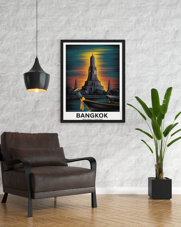 A high-quality framed matte paper print of Thailand, focusing on the sharp "gold scratch" horizontal ripples on the deep indigo Chao Phraya River.
