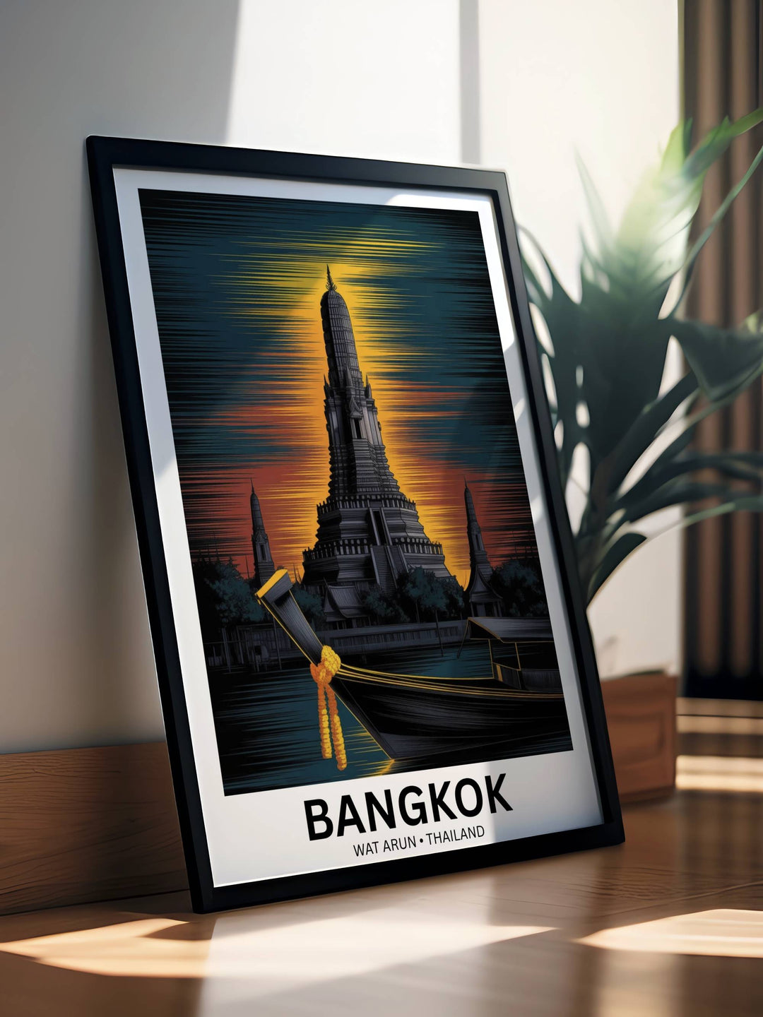A framed architectural art piece of Wat Arun, presented in a modern oak wood frame to complement a contemporary living room decor.
